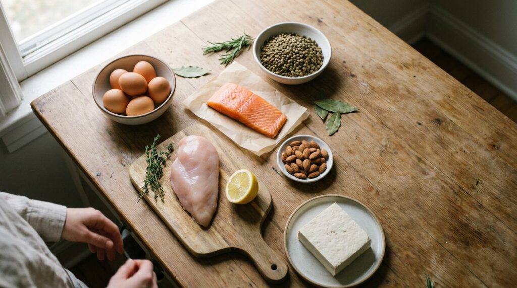 Raw chicken breast, salmon fillet, eggs, green lentils, almonds and a block of tofu on a wooden kitchen table